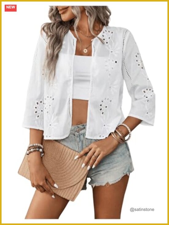 Sweaters - Eyelet Embroidery Open Front Lightweight Cardigan 3/4 Sleeve